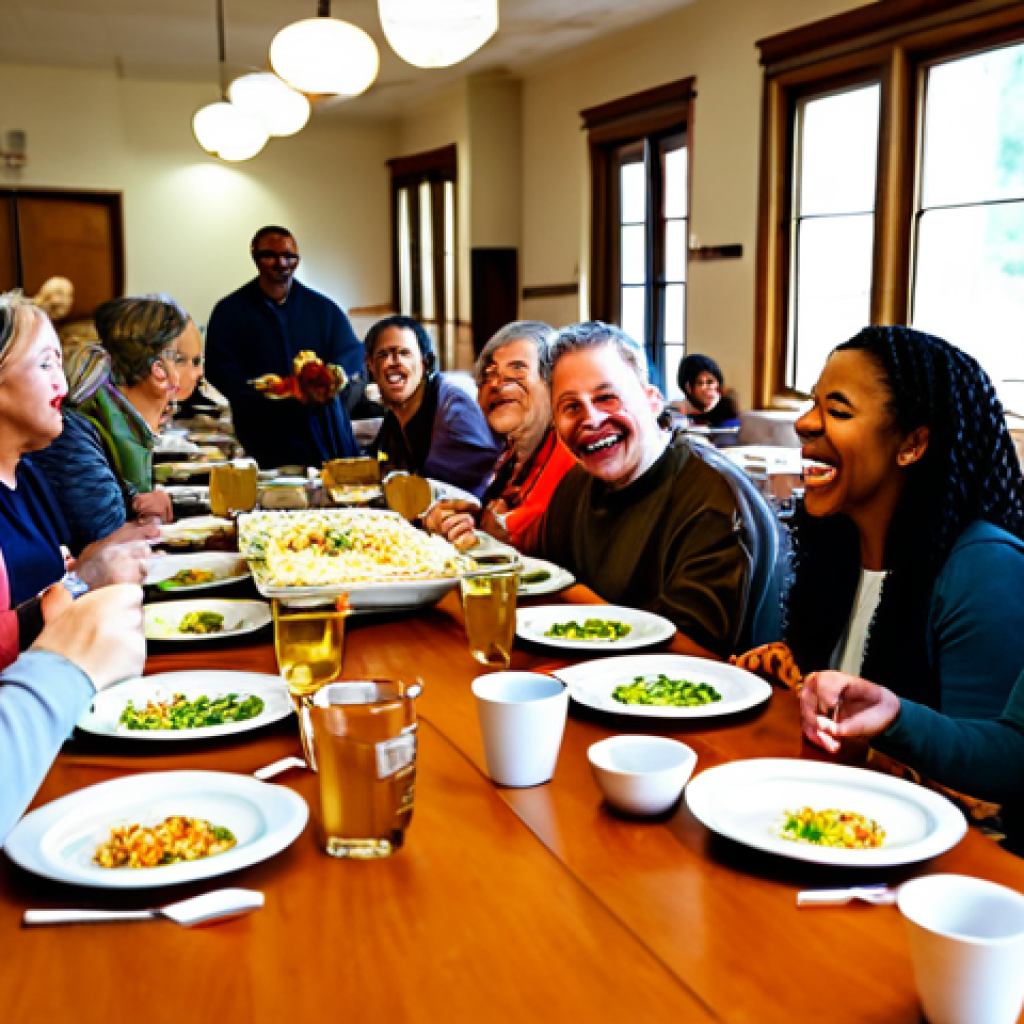 문화적 공동체와 사회 - **
"A diverse group of fully clothed people sharing a meal together at a long table in a warmly lit...