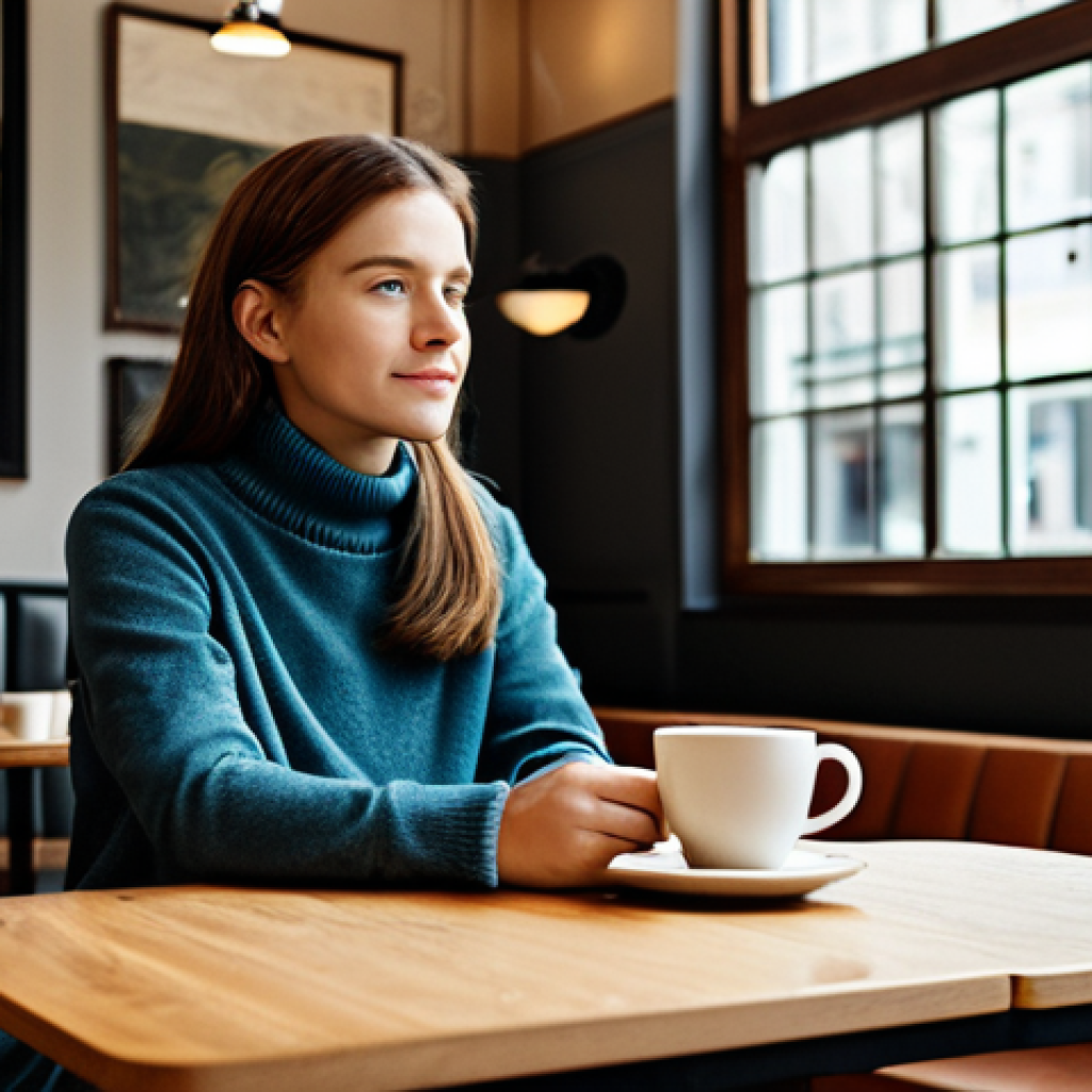 사회적 트렌드와 문화 - **Image:** A woman sitting in a quiet cafe, thoughtfully reflecting. **Clothing:** Casual, modest at...