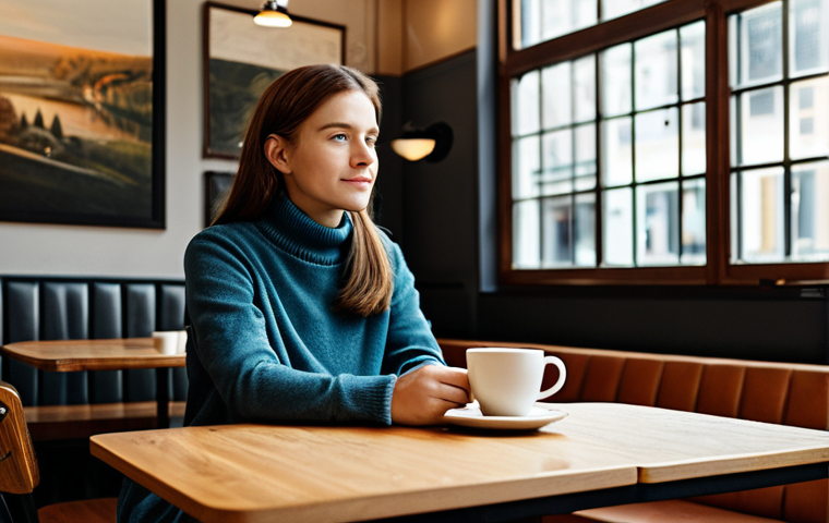 사회적 트렌드와 문화 - **Image:** A woman sitting in a quiet cafe, thoughtfully reflecting. **Clothing:** Casual, modest at...
