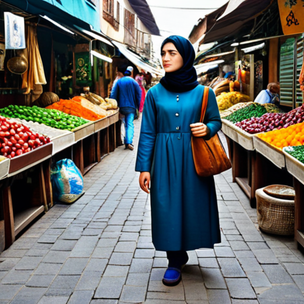 문화적 적응 - Cultural Immersion**

"A young woman in modest travel attire, exploring a vibrant foreign market, fu...