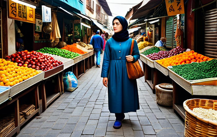 문화적 적응 - Cultural Immersion**

"A young woman in modest travel attire, exploring a vibrant foreign market, fu...