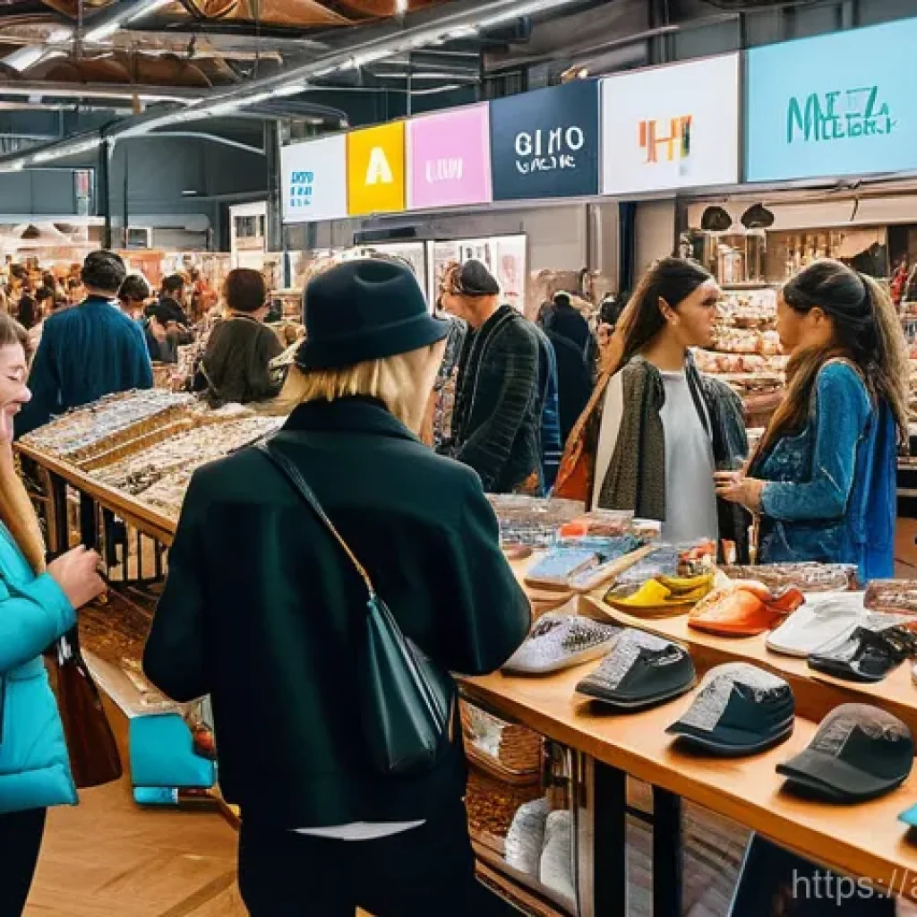 문화 변화의 요인 - A vibrant, bustling indoor market scene filled with stylish MZ generation individuals (young adults ...