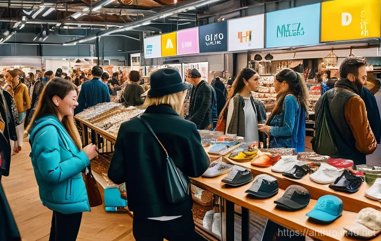 문화 변화의 요인 - A vibrant, bustling indoor market scene filled with stylish MZ generation individuals (young adults ...