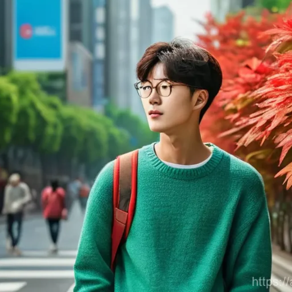 기후와 문화적 적응 - **Prompt:** A bustling street scene in a modern Korean city, subtly depicting the confusion of seaso...