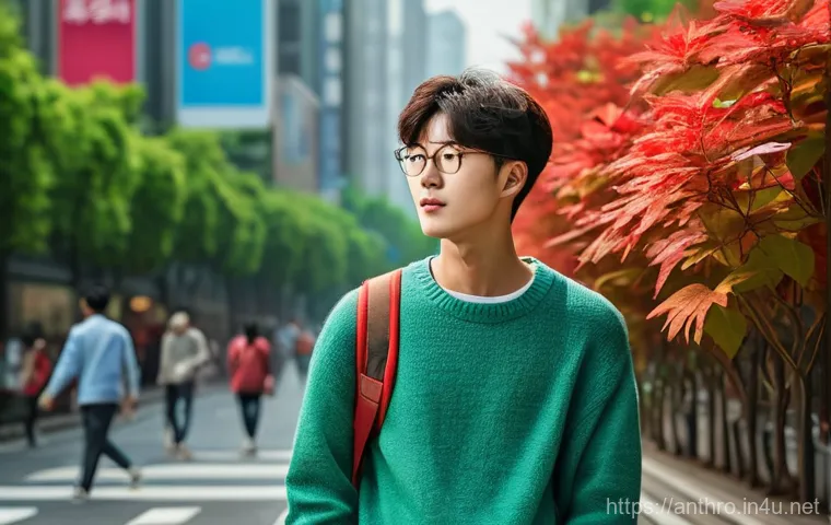 기후와 문화적 적응 - **Prompt:** A bustling street scene in a modern Korean city, subtly depicting the confusion of seaso...