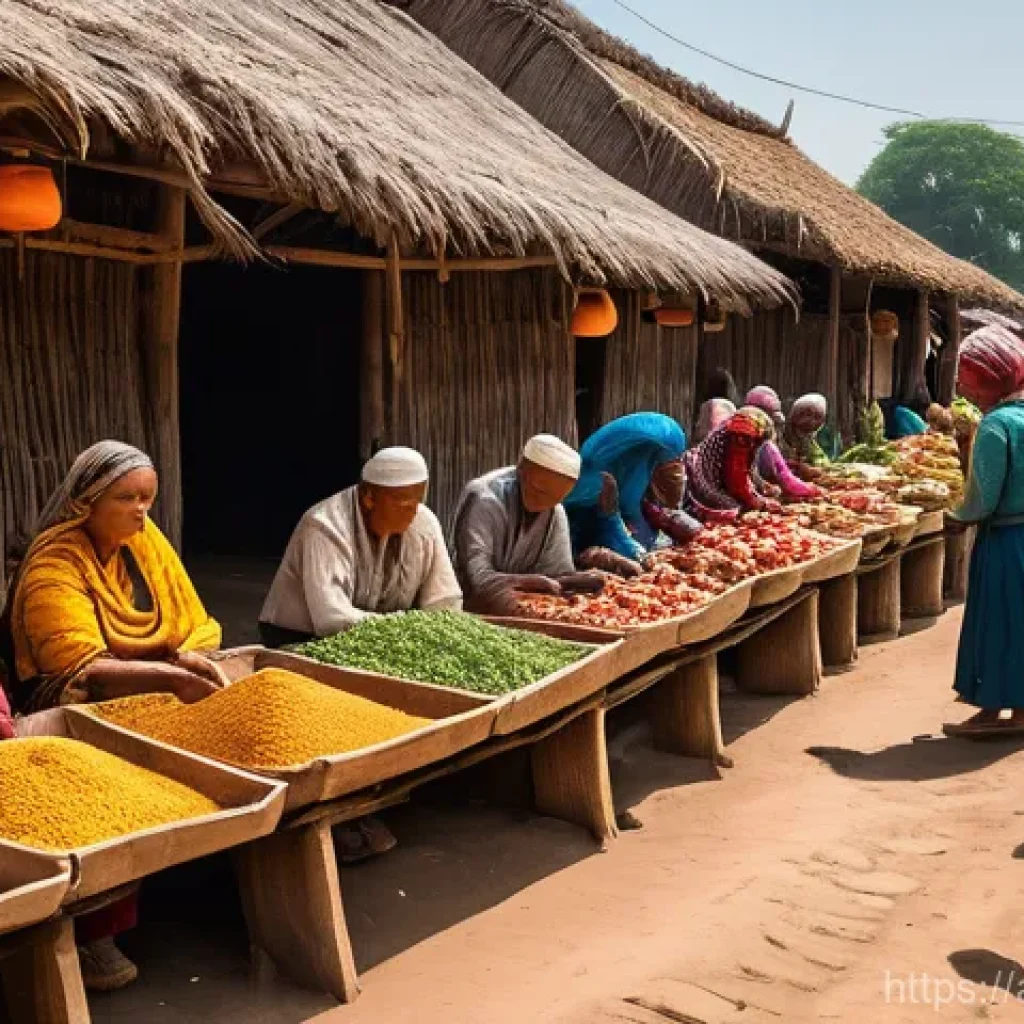 문화인류학 이론 - A vibrant, wide-angle shot of a bustling marketplace in a diverse, traditional village. Different gr...