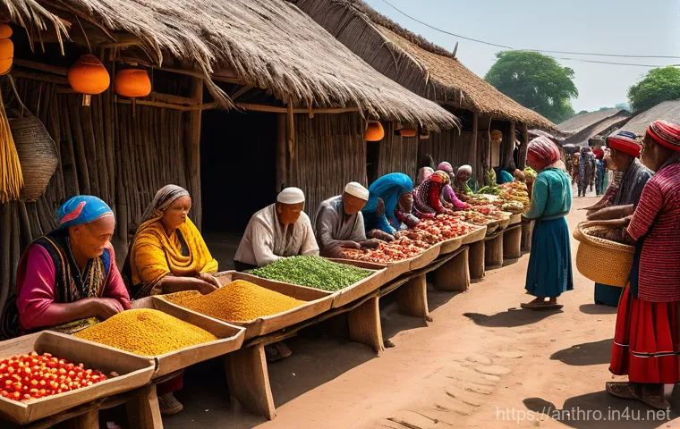 문화인류학 이론 - A vibrant, wide-angle shot of a bustling marketplace in a diverse, traditional village. Different gr...