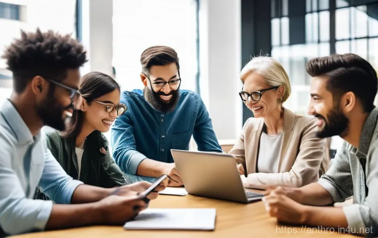 문화인류학의 사회적 역할 - **Prompt:** A dynamic, brightly lit co-working space bustling with individuals representing diverse ...