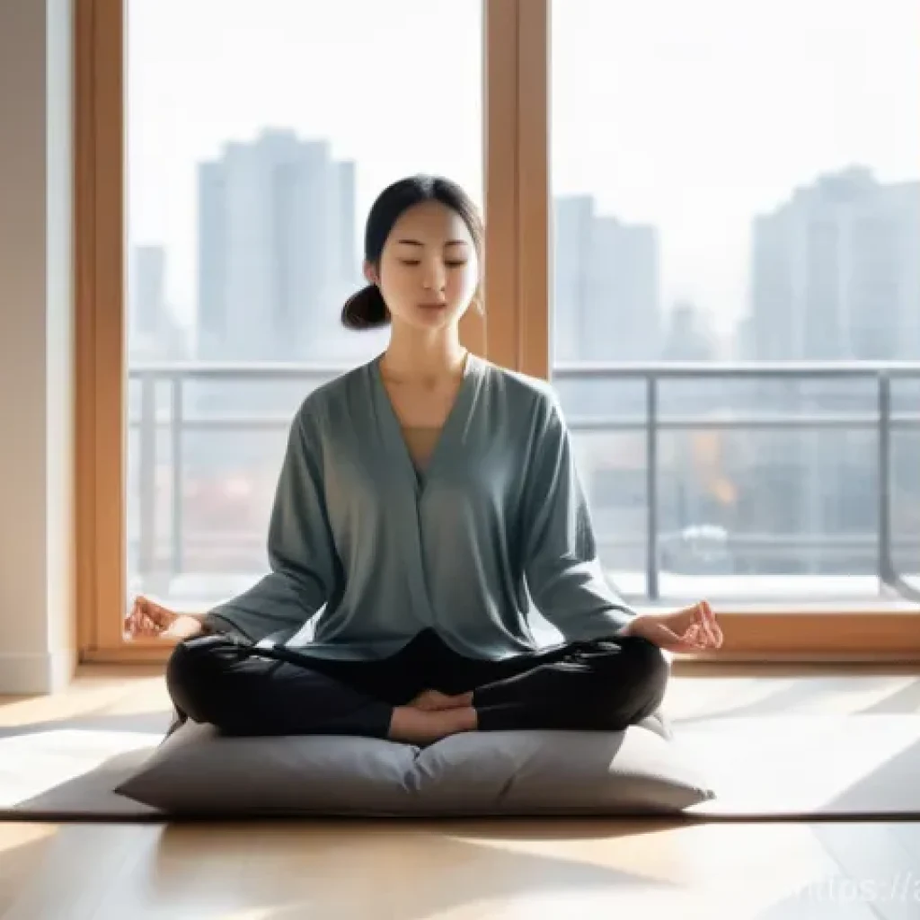 전통과 현대 사회 - A serene indoor scene featuring a young woman (late 20s to early 30s) practicing mindfulness. She is...