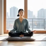 전통과 현대 사회 - A serene indoor scene featuring a young woman (late 20s to early 30s) practicing mindfulness. She is...