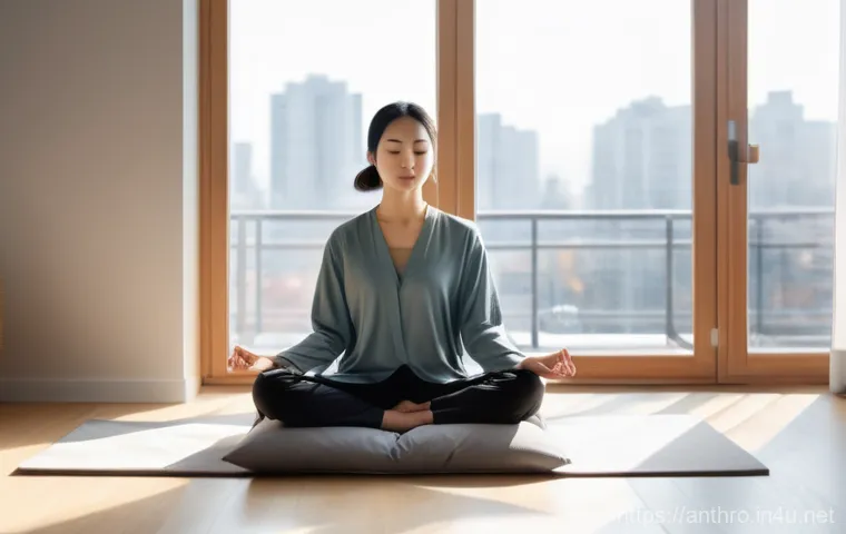 전통과 현대 사회 - A serene indoor scene featuring a young woman (late 20s to early 30s) practicing mindfulness. She is...