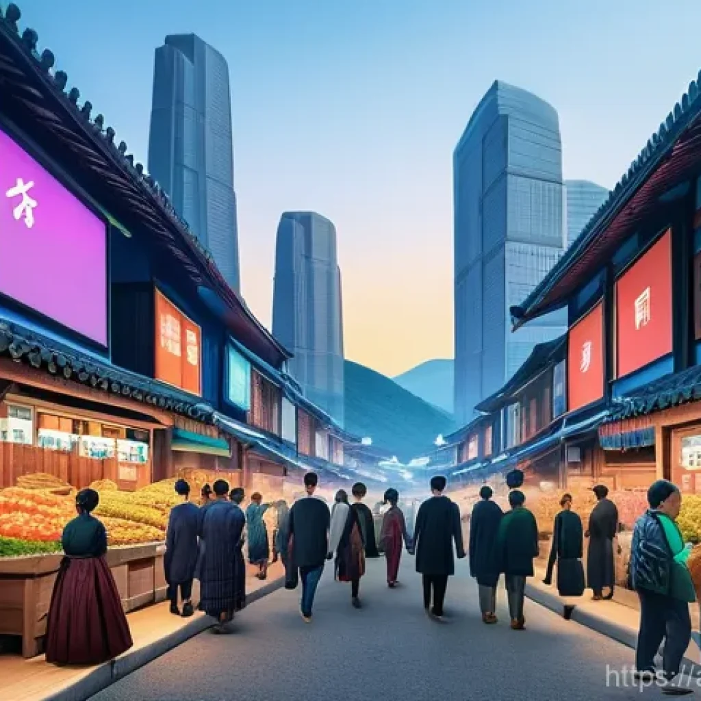 전통과 현대 경제 시스템 - **Traditional Village Meets Futuristic City Economy:**
A vibrant, dynamic split-image compositio...