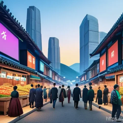 Home 20 전통과 현대 경제 시스템 - **Traditional Village Meets Futuristic City Economy:**
A vibrant, dynamic split-image compositio...