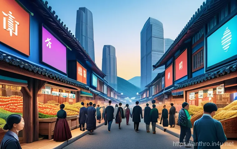 전통과 현대 경제 시스템 - **Traditional Village Meets Futuristic City Economy:**
    A vibrant, dynamic split-image compositio...